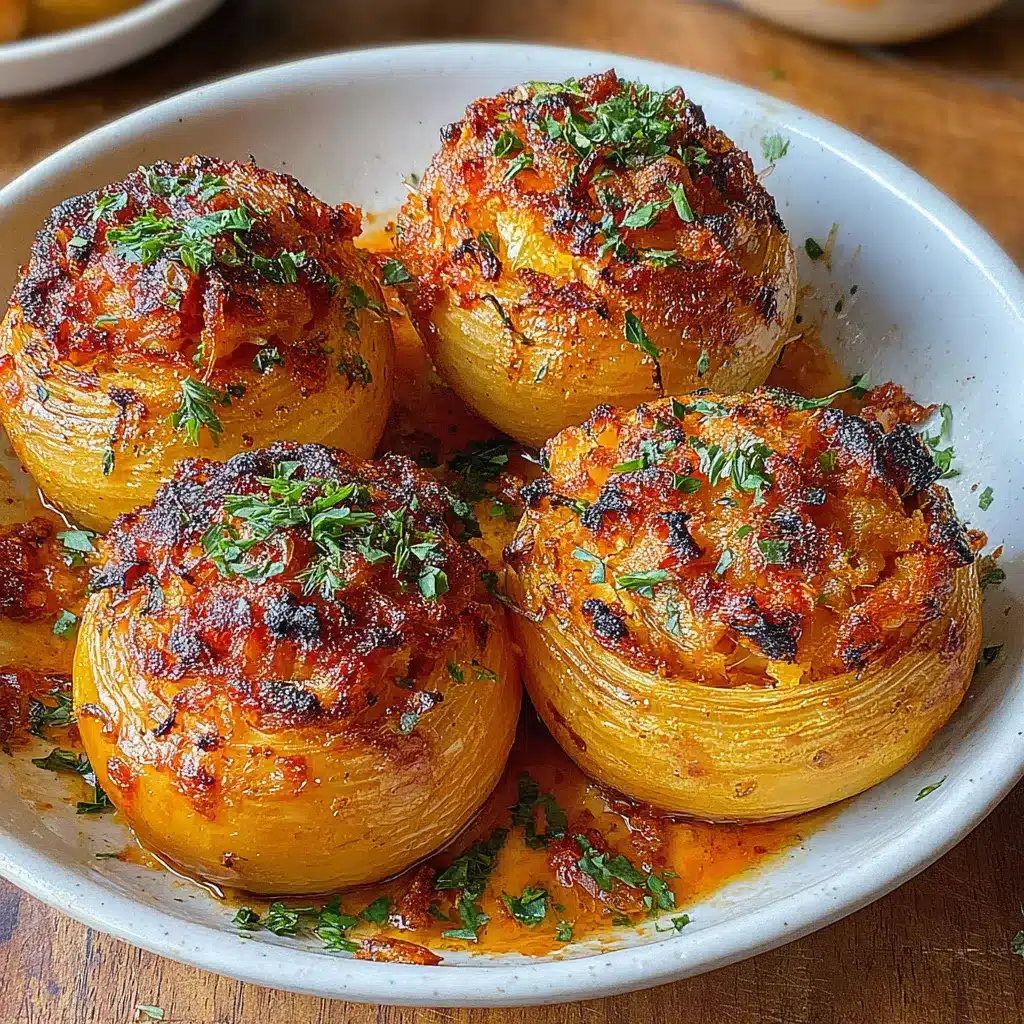 Savory stuffed onions are presented in a visually appealing arrangement, showcasing their irresistible deliciousness as part of a second enticing image.