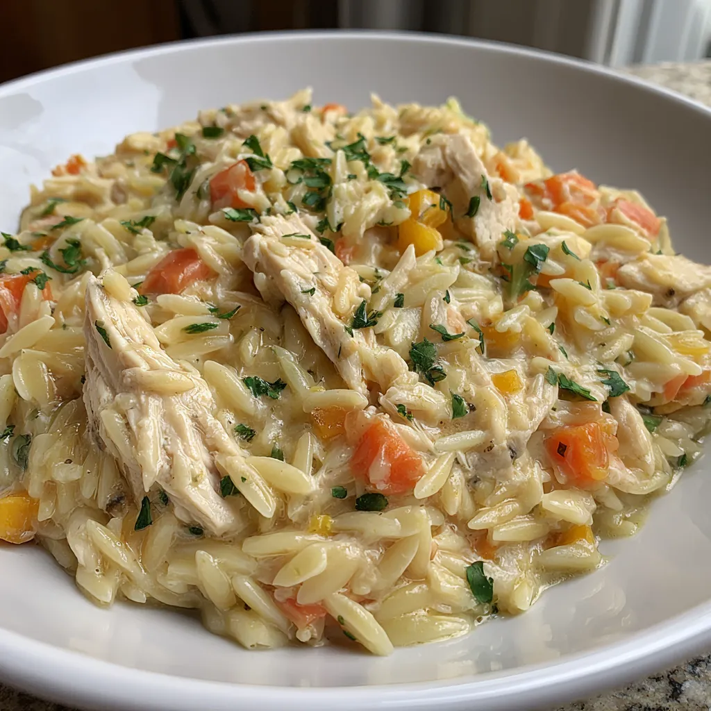 Creamy chicken pot pie orzo recipe second content image showcasing the finished dish.