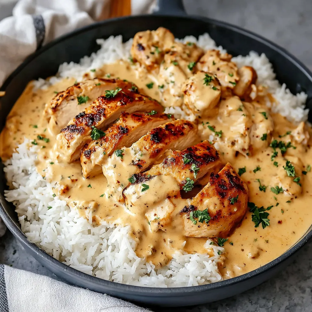 Creamy smothered chicken and rice in a skillet. Easy comfort food recipe.