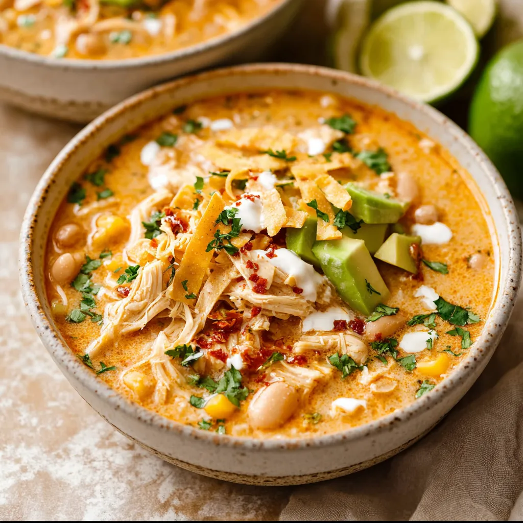 Creamy white chicken chili is shown in a white bowl, highlighting the rich texture and flavorful ingredients, perfect for a comforting and delicious meal.