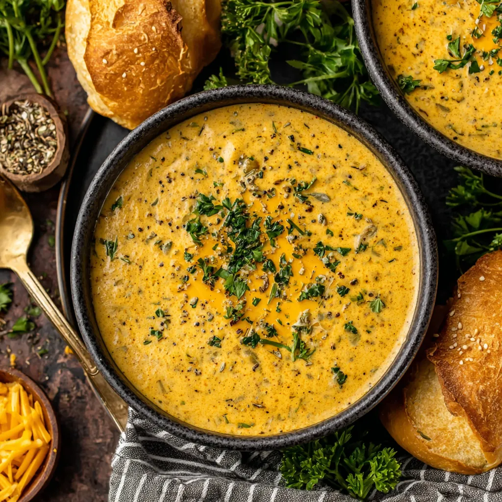 Creamy cheddar garlic herb potato soup is shown in a close-up image to further illustrate the recipe.