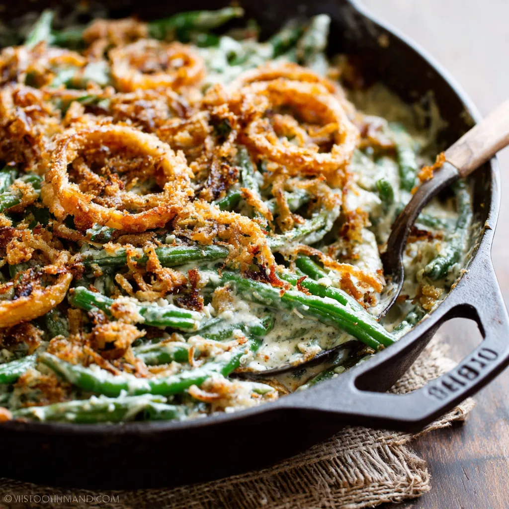 Creamy Campbell's Green Bean Casserole, a classic and comforting dish, is shown in a close-up image highlighting its rich texture and golden-brown topping, complementing the recipe article.