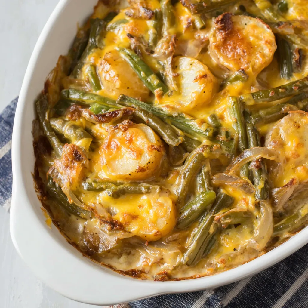 Creamy and comforting green bean casserole with potatoes, a satisfying side dish, is shown in this second content image.