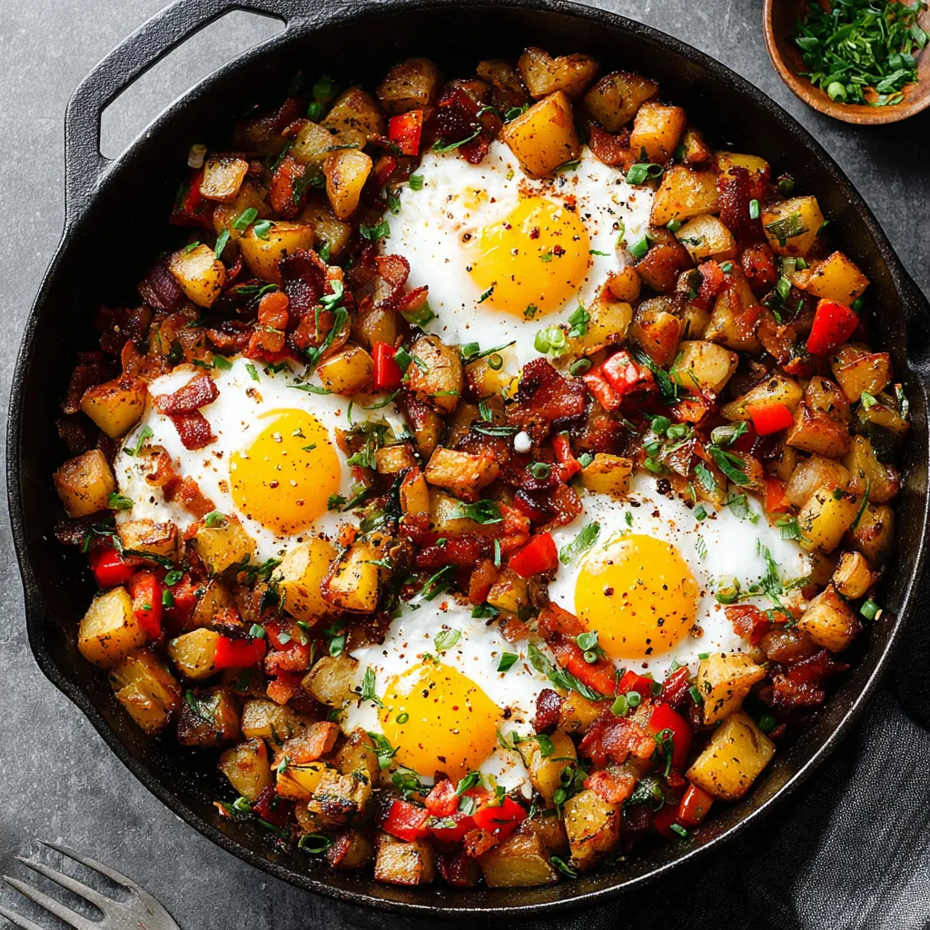 Loaded breakfast hash featuring crispy potatoes, sausage, peppers, onions, and a fried egg offers a delicious and filling brunch option.