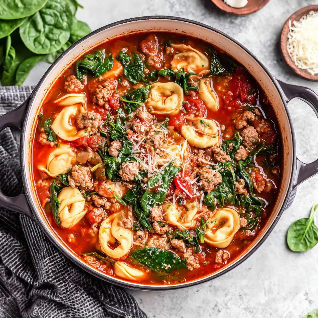Close-up of a comforting bowl of Cozy Sausage Tortellini Soup with Spinach, showcasing the vibrant green spinach, plump tortellini, and savory sausage in a rich, flavorful broth.