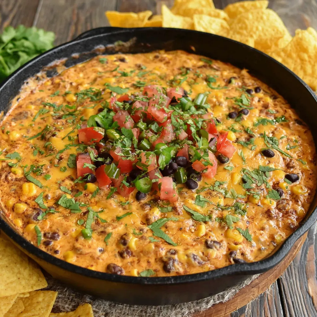 Spicy Cowboy Queso Dip: Creamy cheese dip with ground beef and jalapenos.