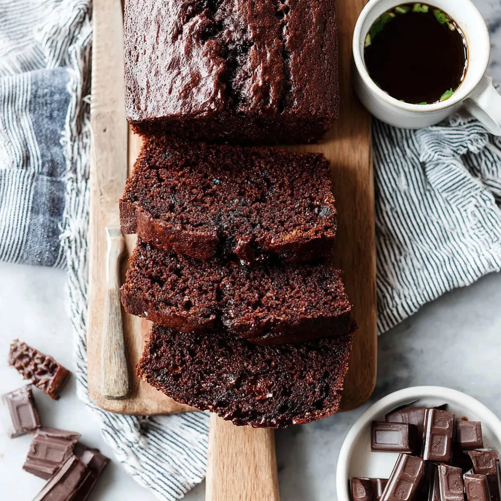 Double chocolate zucchini bread slice. Moist, rich, and decadent.