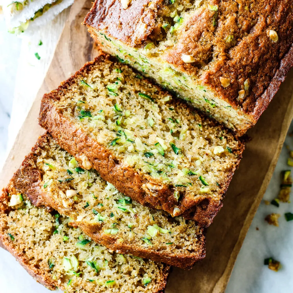 A close-up shot of a perfectly baked, moist zucchini bread loaf, showcasing its golden-brown crust and inviting texture, perfect for illustrating a recipe for the best and easiest zucchini bread that bakes to perfection.