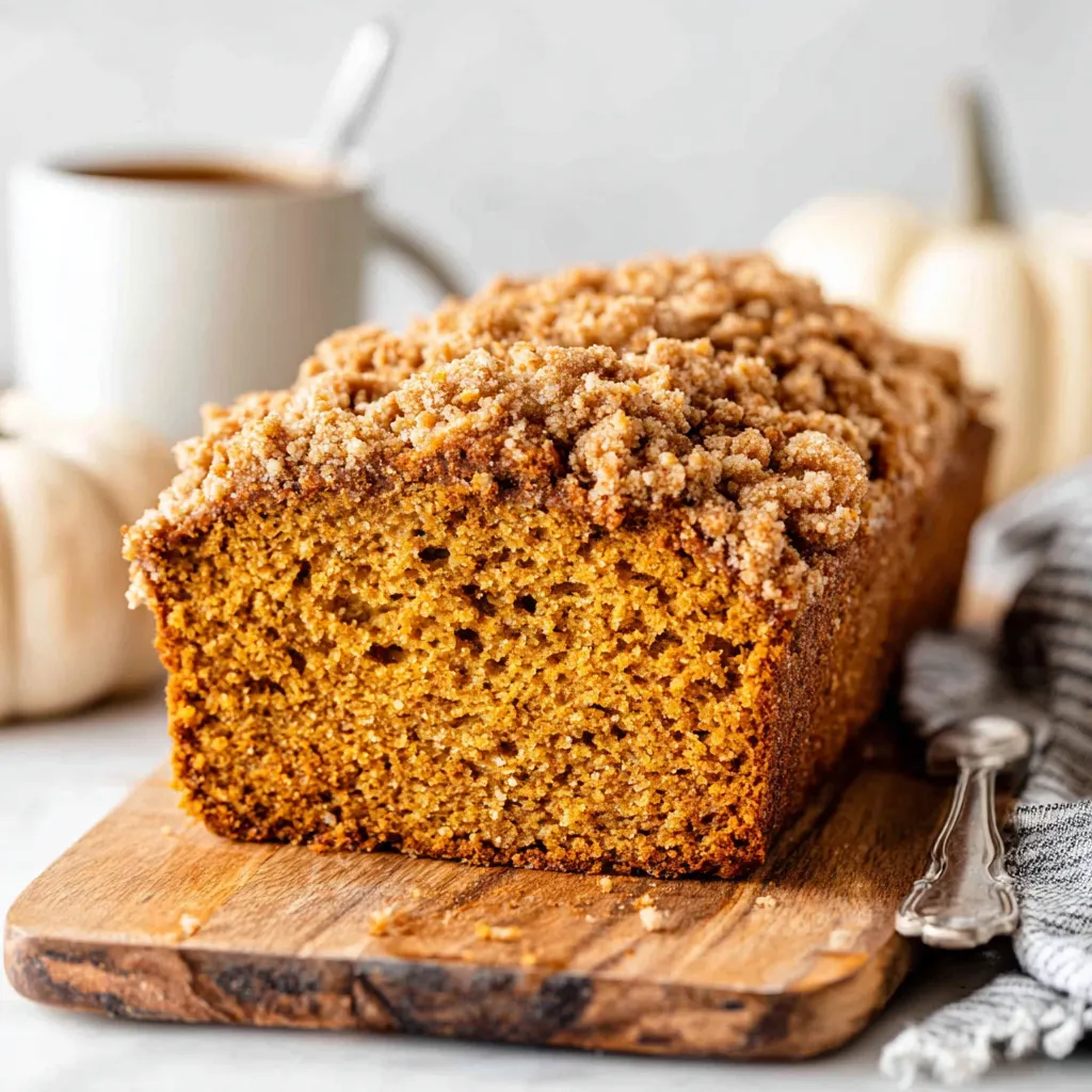 Golden brown pumpkin bread with a sweet crumb topping sits invitingly, showcasing the deliciousness of this easy pumpkin bread recipe.