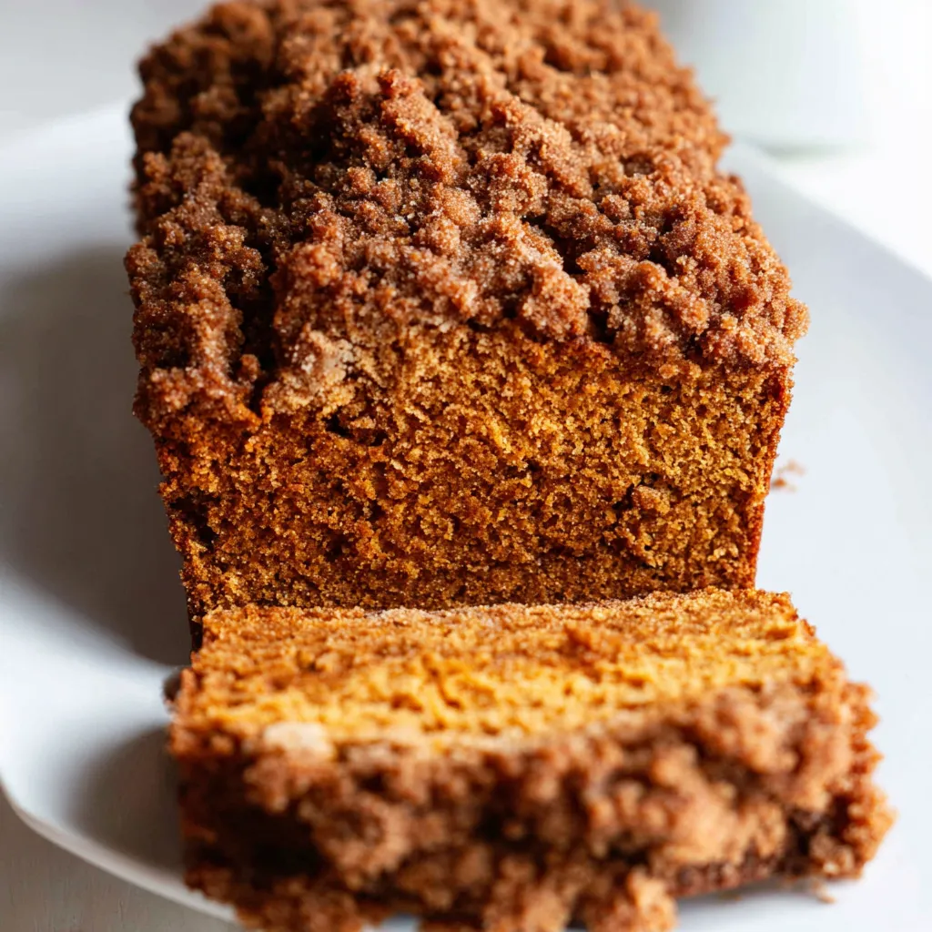 Close-up shot of a delicious and easy homemade pumpkin streusel bread loaf with a golden-brown topping, perfect for fall baking and enjoying as a comforting treat.