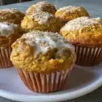 Close-up shot of freshly baked pumpkin cream cheese muffins showcasing their moist texture and creamy swirl, perfect for fall baking.
