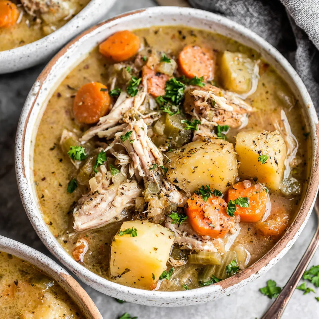 Easy slow cooker chicken stew simmers in a crockpot, offering a delicious and comforting meal with minimal effort.