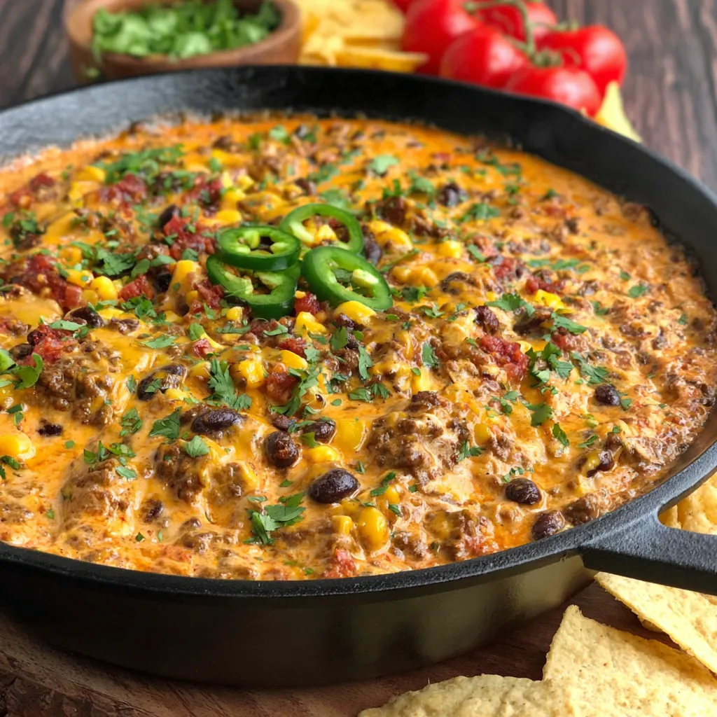 Spicy Cowboy Queso Dip: Creamy cheese dip with peppers and sausage.