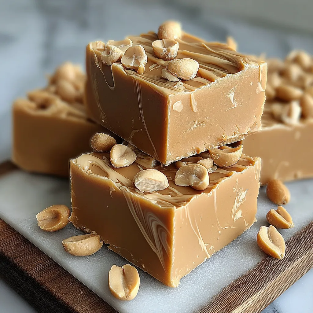 Easy peanut butter fudge squares made with just three ingredients are displayed in a close-up shot.