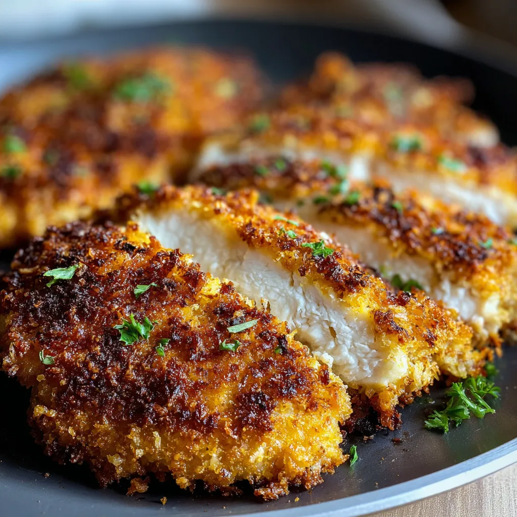 A golden-brown parmesan-crusted chicken breast sits on a white ceramic plate, showcasing crispy edges and a perfectly melted cheese coating that highlights the dish's appetizing texture and culinary appeal.