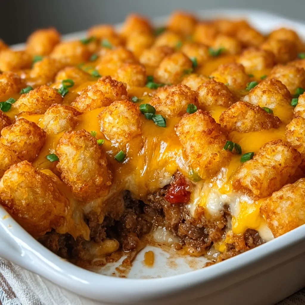 A steaming hot tater tot casserole fresh from the oven, topped with golden-brown crispy tots and bubbling cheese, showcasing the comforting and hearty nature of this classic midwestern comfort food dish.