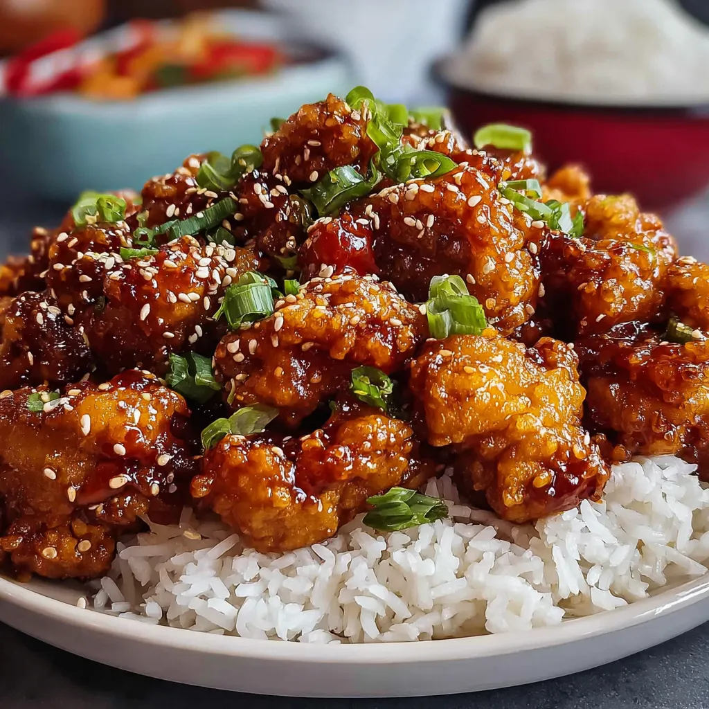 A golden-brown crispy chicken piece glazed with a rich, amber-colored honey garlic sauce, garnished with sliced green onions and served on a white ceramic plate with steamed rice in the background.