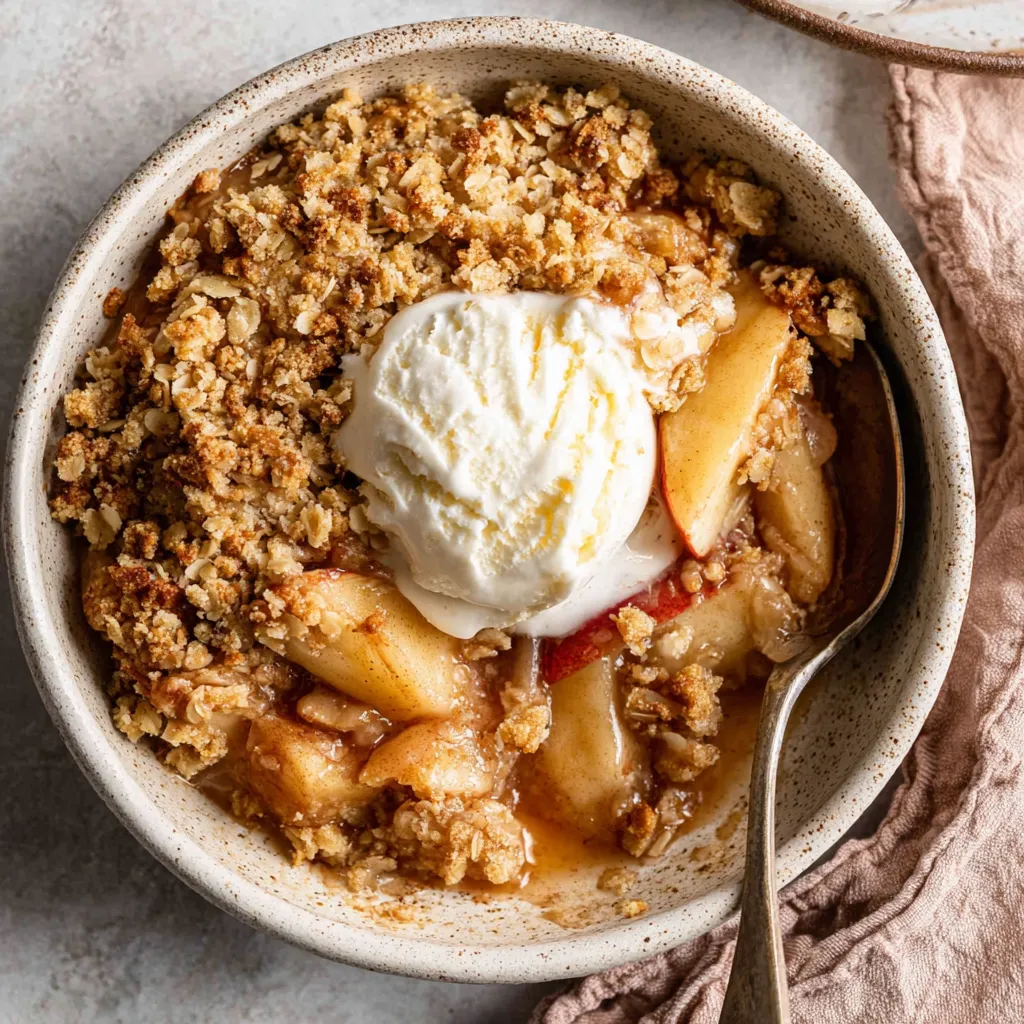 Close-up shot of a golden-brown apple crisp with a crunchy oat topping, showcasing the delicious texture and inviting warmth of this easy classic apple crisp recipe.