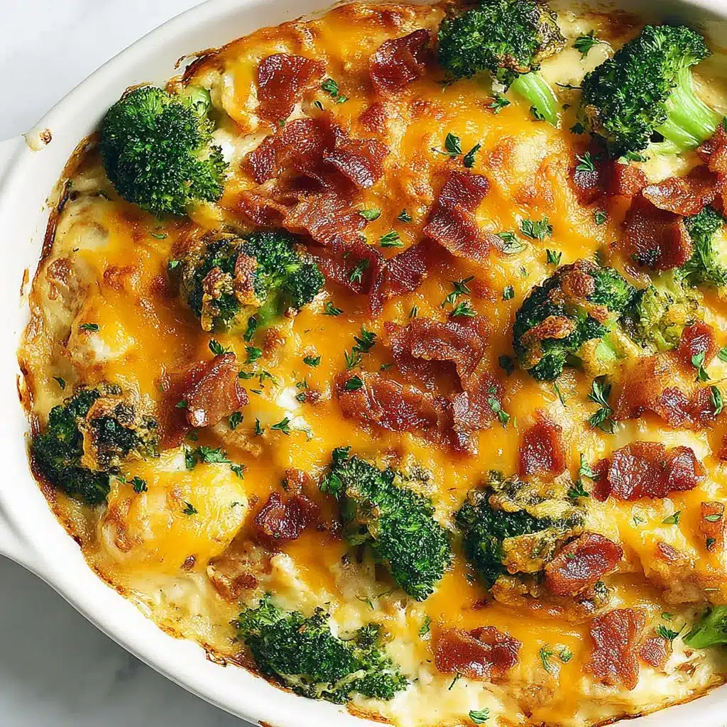 Easy low carb chicken casserole image shows a close-up of the cheesy, bubbly casserole dish with visible chicken and vegetable pieces, illustrating the recipe's delicious and satisfying texture.