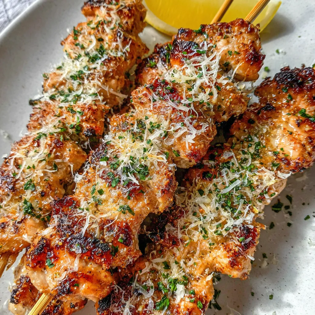 Ranch Garlic Parmesan Chicken Skewers look delicious and easy to make in this close-up shot.