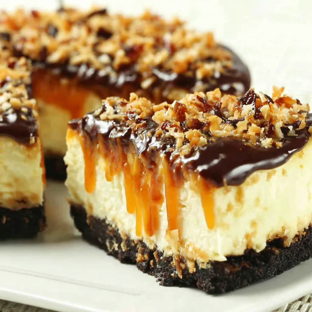A close-up shot showcases the creamy layers and toasted coconut topping of the Samoa Cheesecake, complementing the article's delicious recipe.