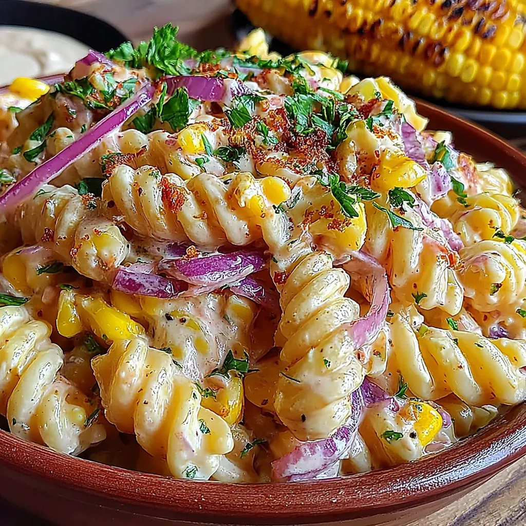 A creamy and colorful street corn pasta salad is pictured as a delicious and vibrant side dish or light meal option for the best street corn pasta salad recipe.