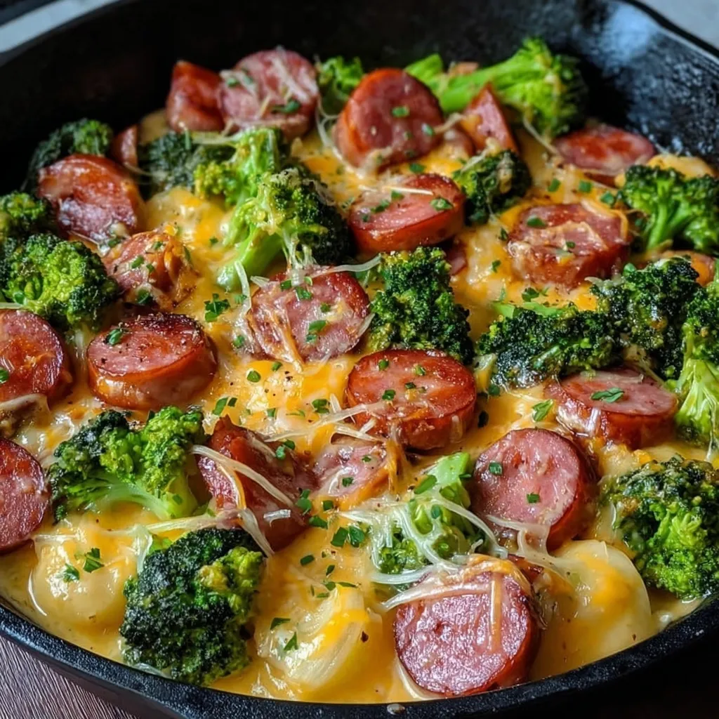 Creamy kielbasa broccoli skillet easy dinner content image showcases the finished dish in a skillet, highlighting the creamy sauce and vibrant green broccoli.