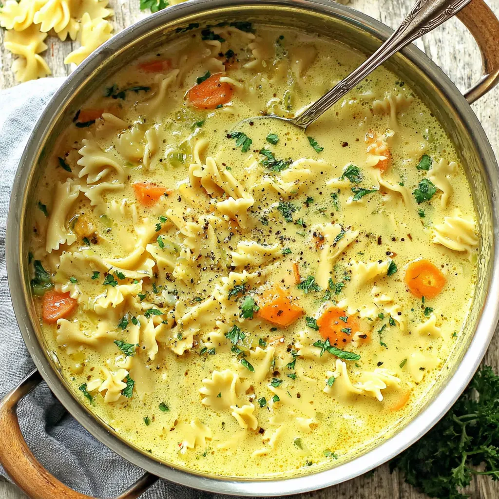 Close-up of easy creamy pasta soup in a bowl, showcasing the creamy texture and pasta shapes.
