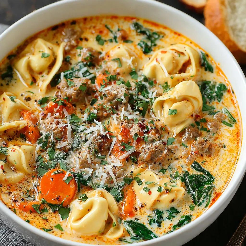 Creamy sausage tortellini soup fills a white bowl in a second image illustrating the easy dinner recipe.