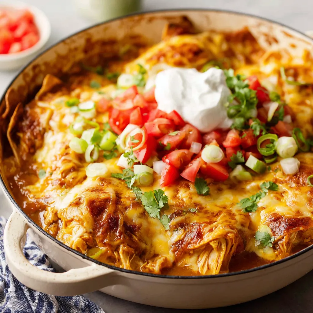 Easy crockpot chicken enchilada casserole is shown in a second mouthwatering image, ready to be served.