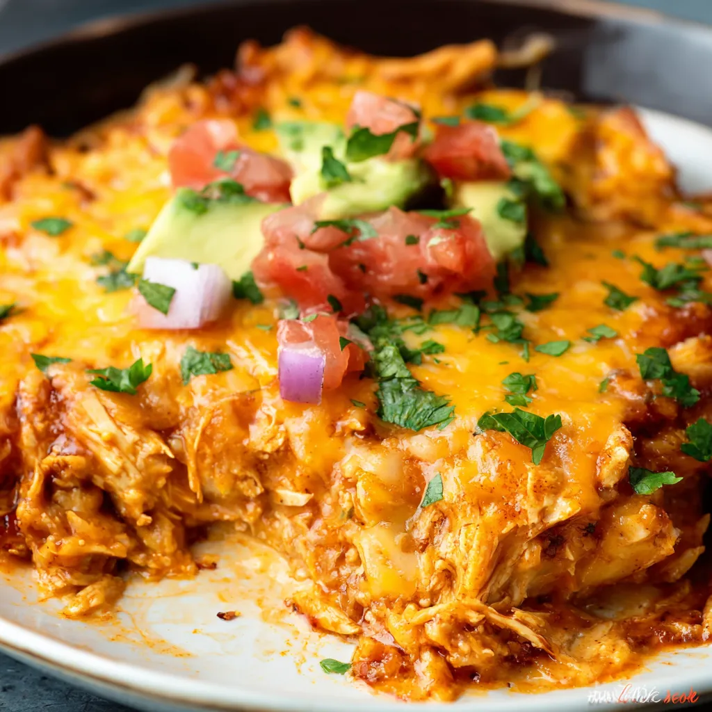 Creamy slow cooker chicken enchilada casserole is shown in a second content image.