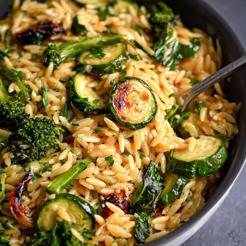 A close-up shot of the finished orzo dinner recipe, showcasing its delicious texture and inviting readers to try this quick and easy meal.