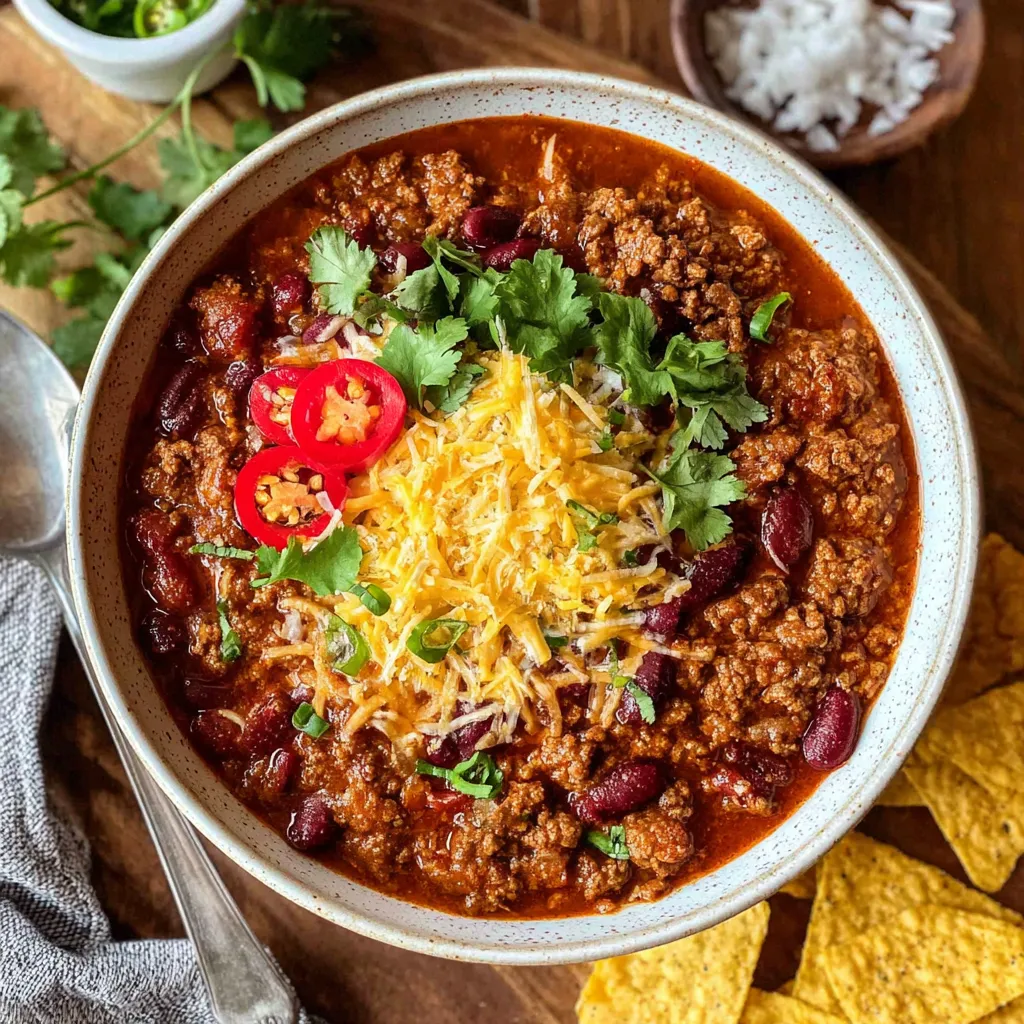 Close-up view of a steaming bowl of stovetop ground beef chili, perfect for a quick and satisfying meal.