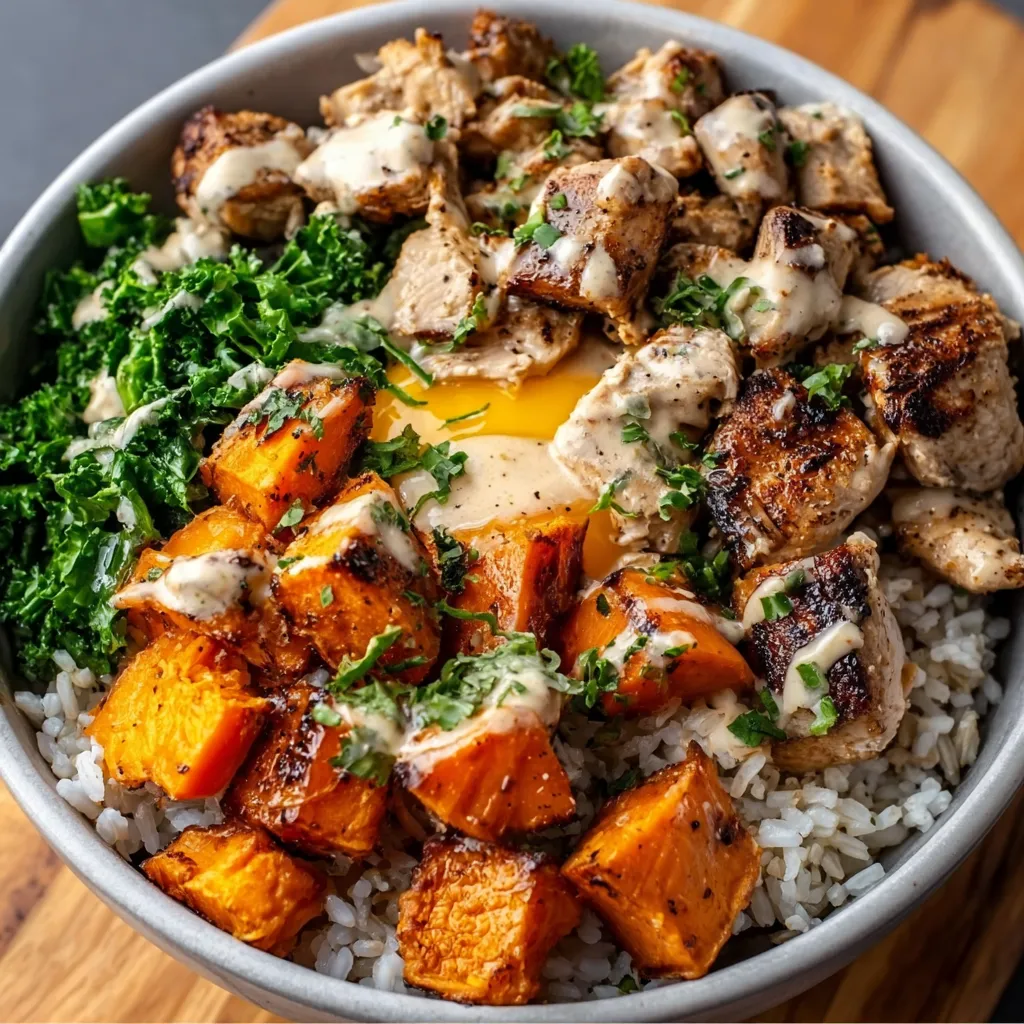 A colorful and appetizing chicken sweet potato rice bowl showcasing tender grilled chicken, roasted sweet potato cubes, fluffy white rice, and fresh green garnishes arranged in a rustic ceramic bowl with vibrant textures and inviting presentation.