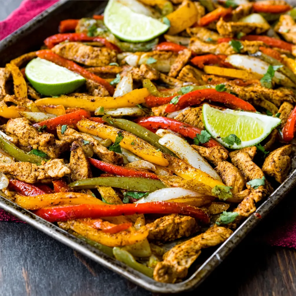 Sizzling sheet pan chicken fajitas loaded with colorful bell peppers, caramelized onions, and tender spice-rubbed chicken strips, served on a rustic wooden cutting board with warm tortillas and fresh lime wedges.