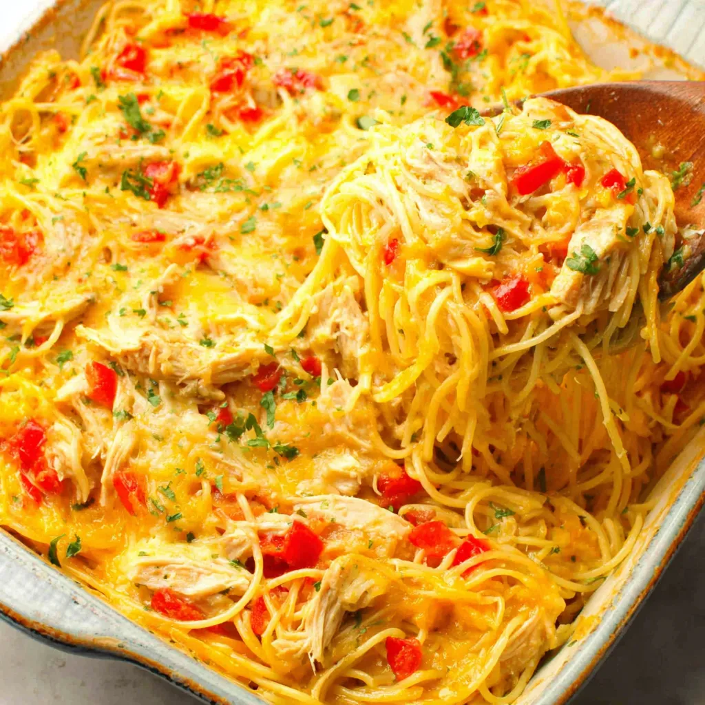 Southern Cheesy Chicken Spaghetti Casserole is pictured as a delicious and comforting baked dish, showcasing its golden-brown, bubbly cheese topping and inviting texture.