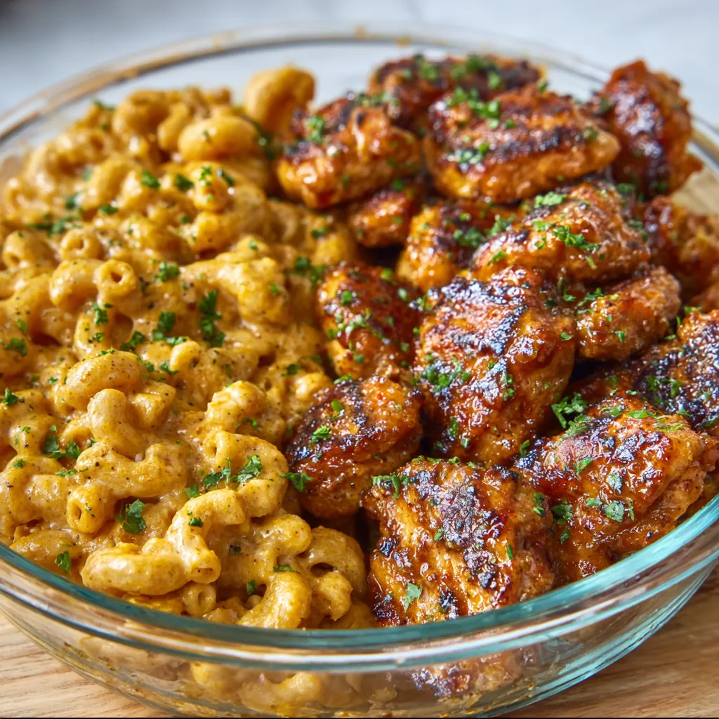 Close-up view of creamy garlic butter chicken and macaroni and cheese showcasing the easy weeknight dinner recipe.