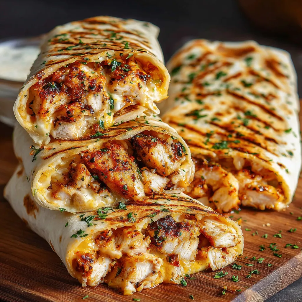 Close-up view of a delicious garlic chicken wrap filling spilling slightly from a soft tortilla, showcasing the seasoned chicken, crisp lettuce, and creamy sauce, perfect for a quick and easy meal.