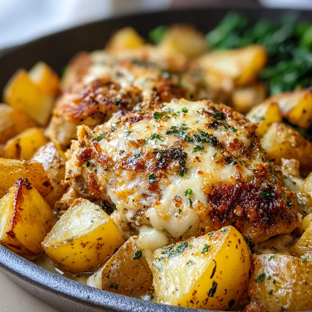 Crockpot garlic parmesan chicken and potatoes dinner, showcasing the finished dish in a serving bowl ready to eat.