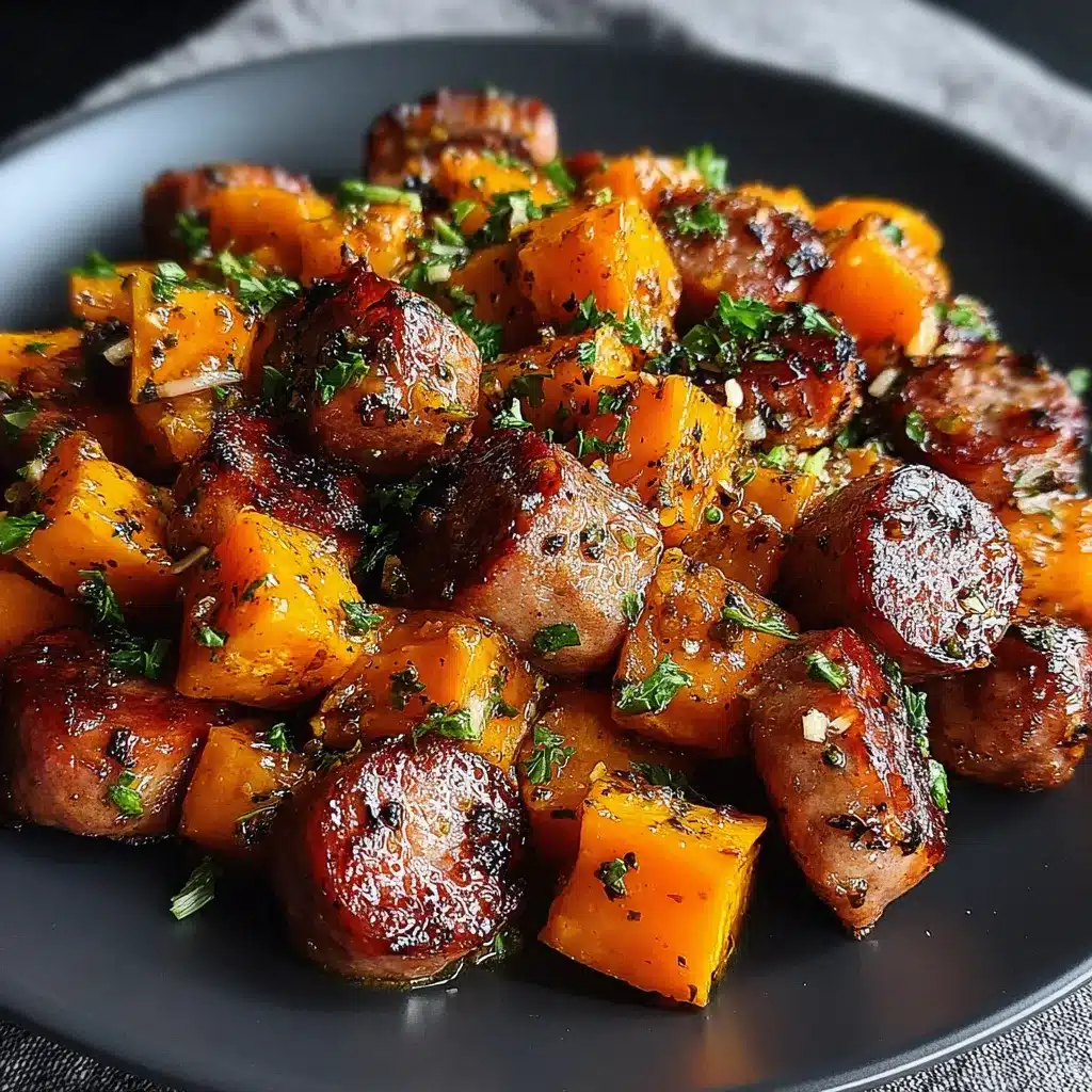 Sheet pan sausage and sweet potatoes with honey garlic sauce are shown cooked and ready to serve, highlighting the recipe's delicious final presentation.