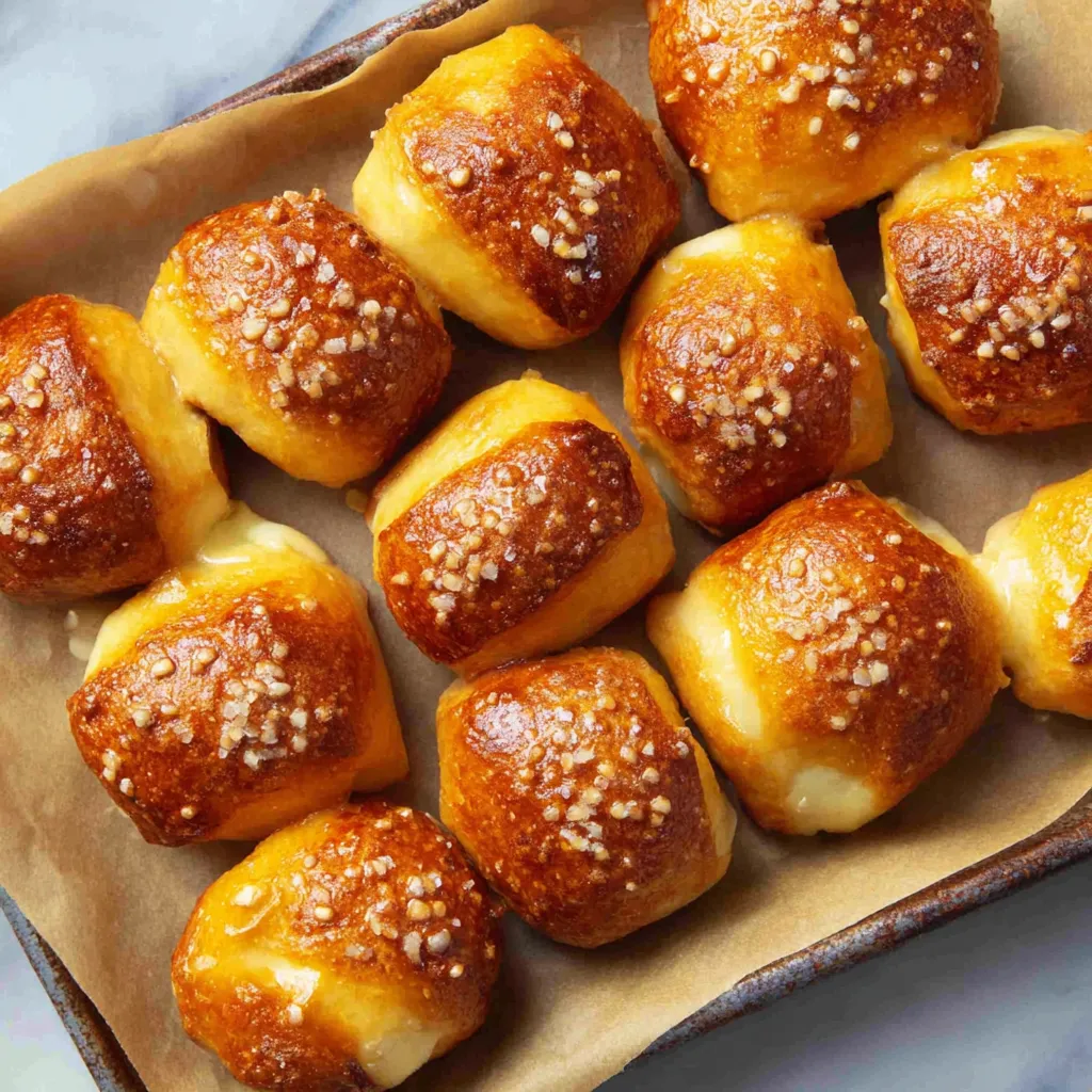 Freshly baked homemade soft pretzel bites with a golden brown exterior and a soft, chewy interior, ready to be enjoyed as a delicious and addictive snack.