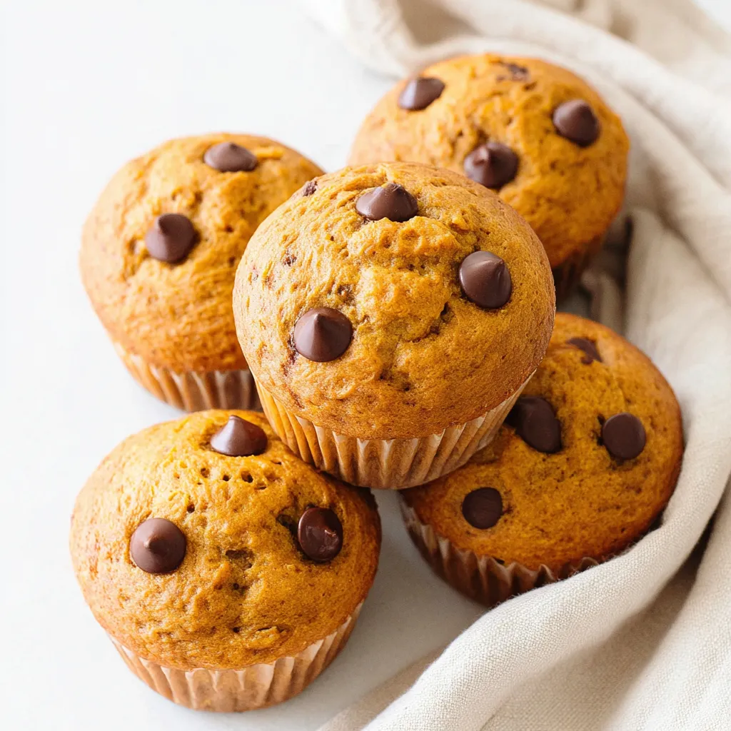 Close-up view of moist pumpkin chocolate chip muffins, showcasing their tempting texture and irresistible combination of pumpkin and chocolate chips as part of a recipe article.