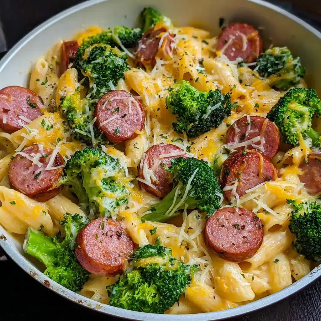 Creamy kielbasa broccoli skillet, an easy one-pan meal, is pictured ready to serve, showcasing its delicious ingredients and appealing texture.