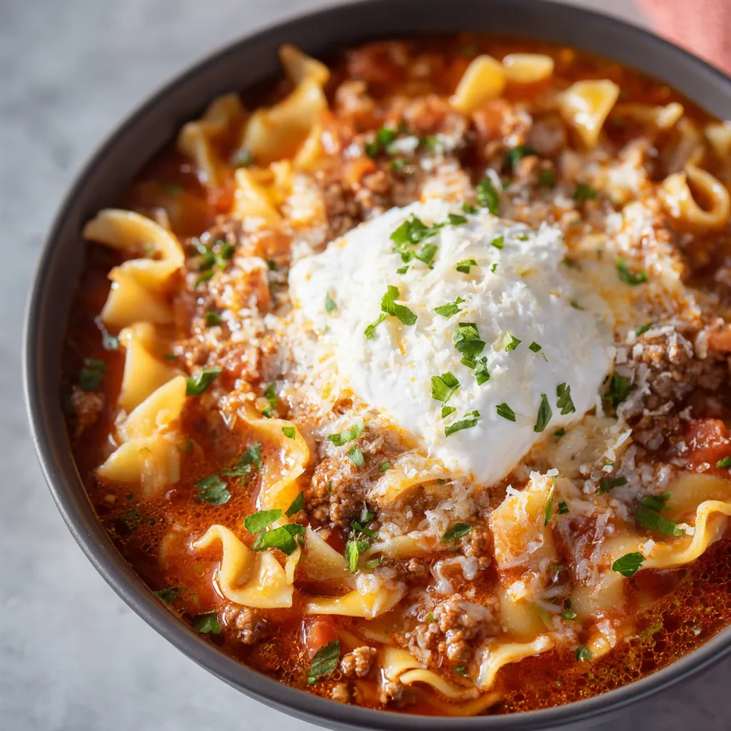 Creamy high protein lasagna soup is shown in a bowl, offering a hearty and delicious meal option.