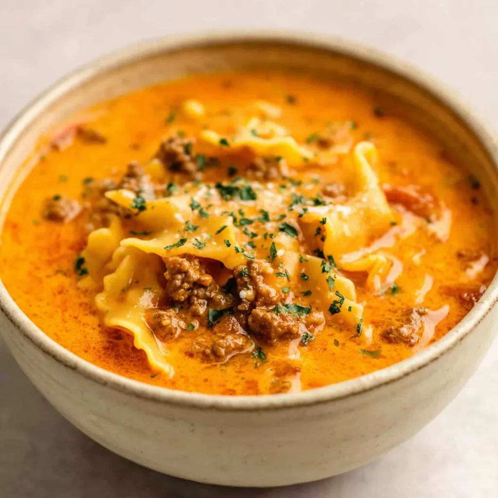 Easy crockpot lasagna soup simmers in a slow cooker, showcasing the dish's simple preparation for a comforting and flavorful meal.