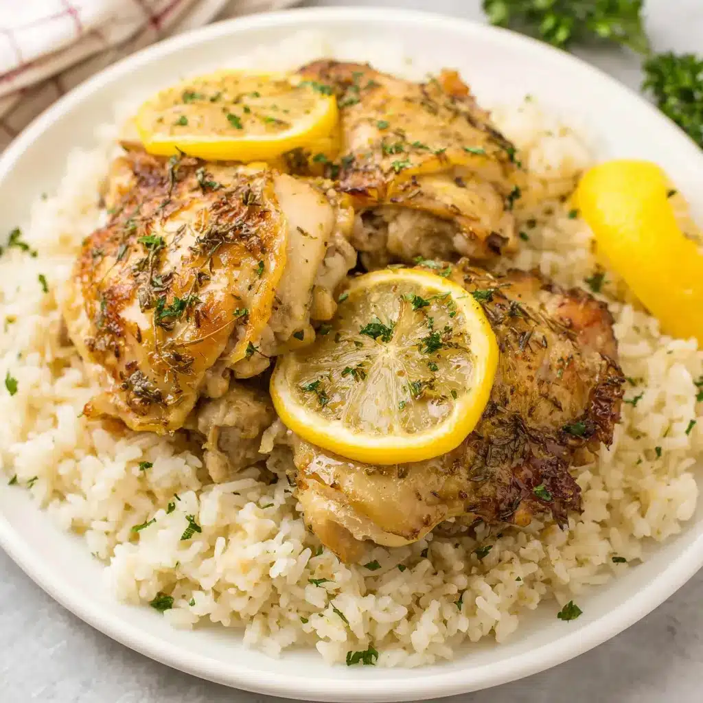 Easy slow cooker lemon herb chicken and rice served in a bowl, showcasing the tender chicken and fluffy rice.