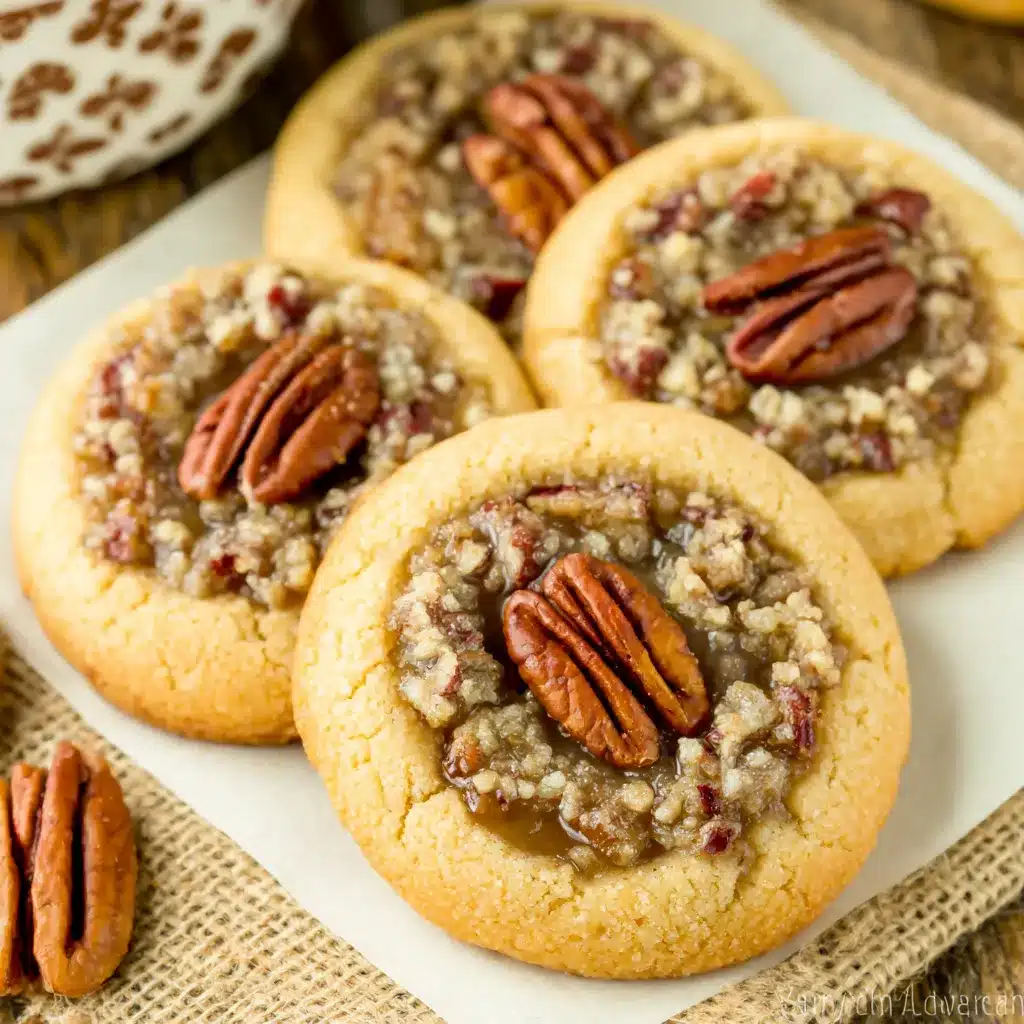 Close-up view of pecan pie thumbprint cookies showcasing their nutty filling and golden-brown crust, illustrating the easy holiday treat recipe.