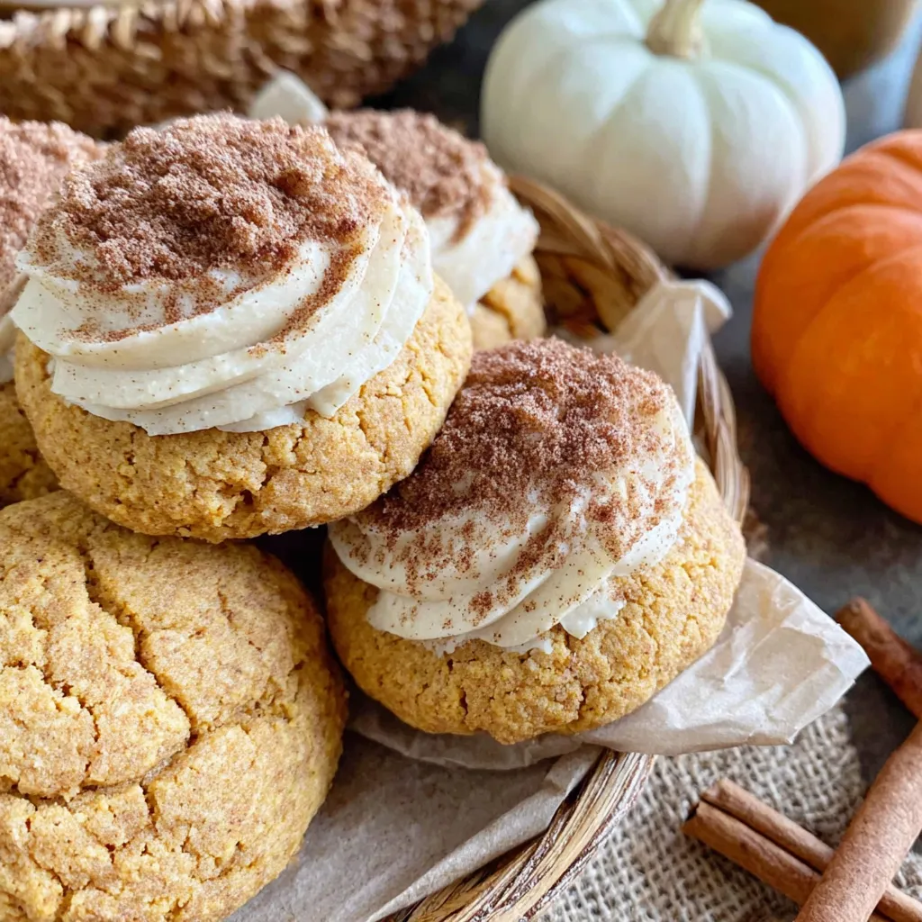 Soft pumpkin cookies with cinnamon frosting are featured in this enticing close-up shot highlighting their soft texture and delicious icing.
