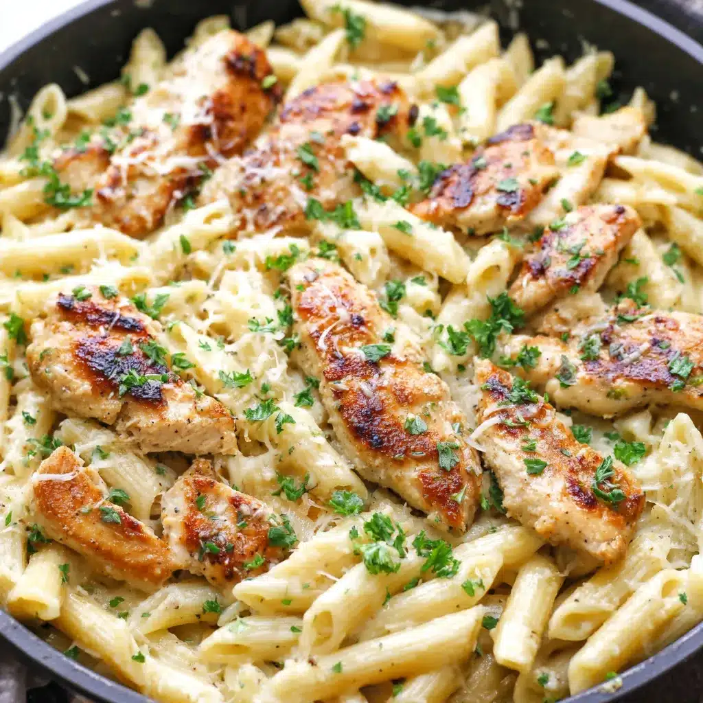 Close-up view of a creamy protein pasta bowl showcasing the quick and easy meal's texture and ingredients.