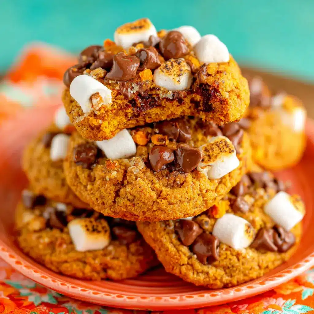 Close-up of a stack of gooey pumpkin s'mores cookies, highlighting the melted marshmallow and chocolate chips, perfect for a fall treat.